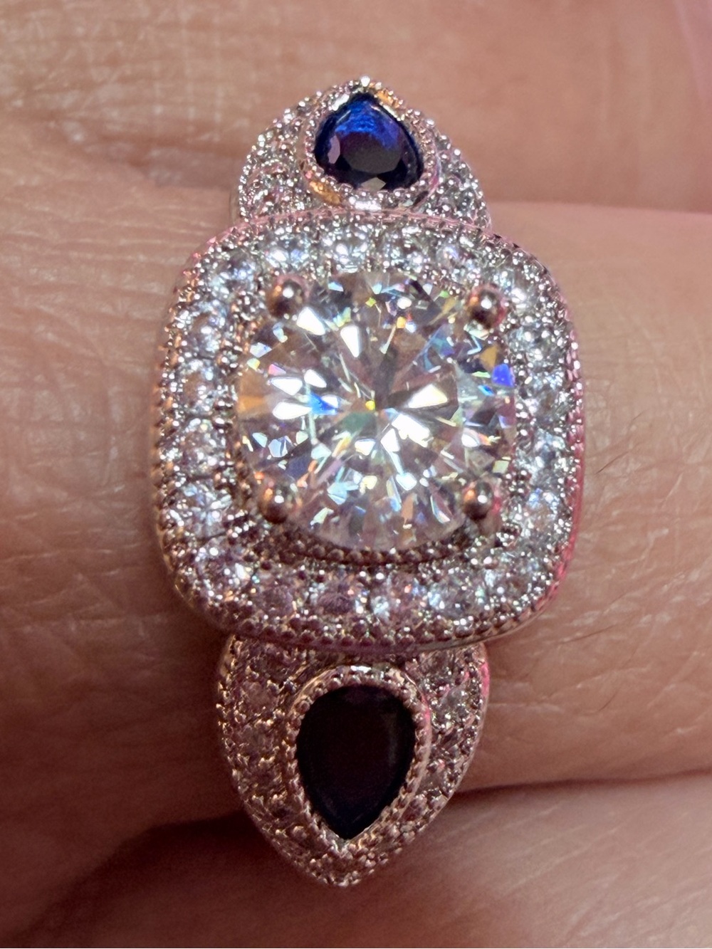 New Moissanite Halo Ring with 1 CT Center Stone Pave' and Blue Accent Gems